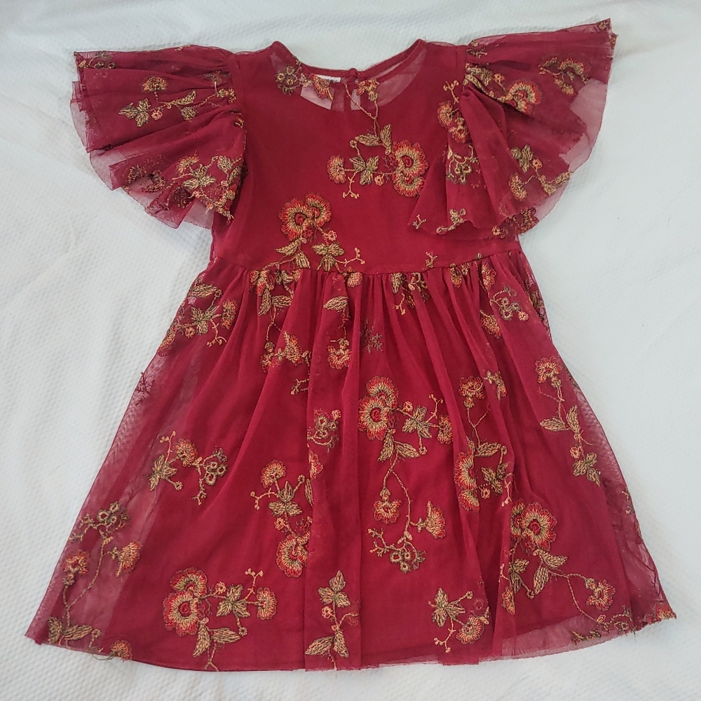 Blueberi Boulevard Red Flare Sleeve Dress with Floral Embroidery - 5
